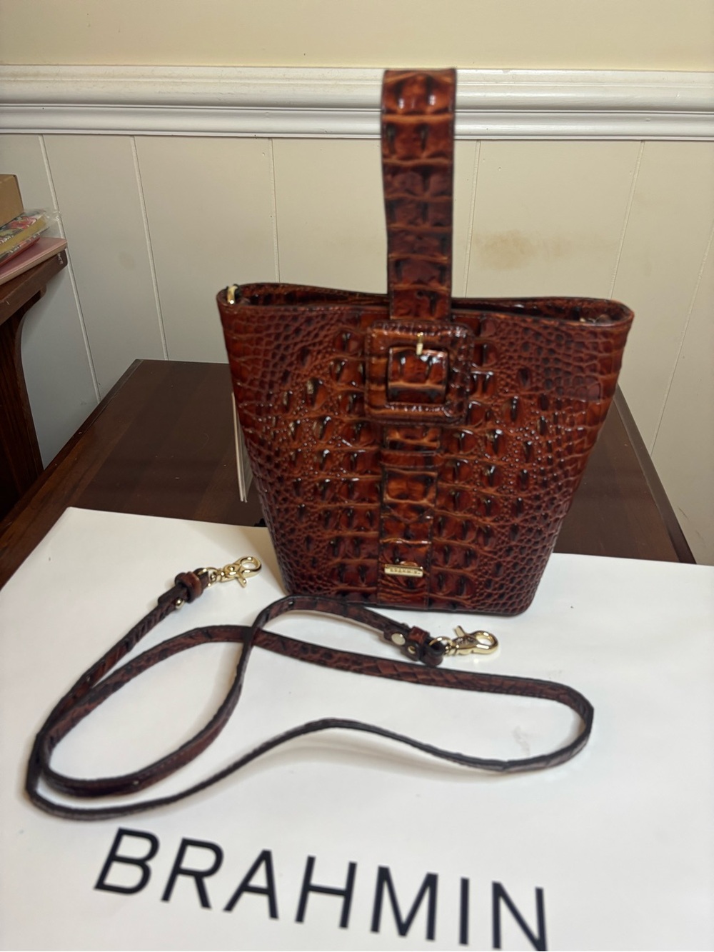 Brahmin Faith in Pecan in Croco-Embossed Leather Mini Bucket Bag - Picture 7 of 8